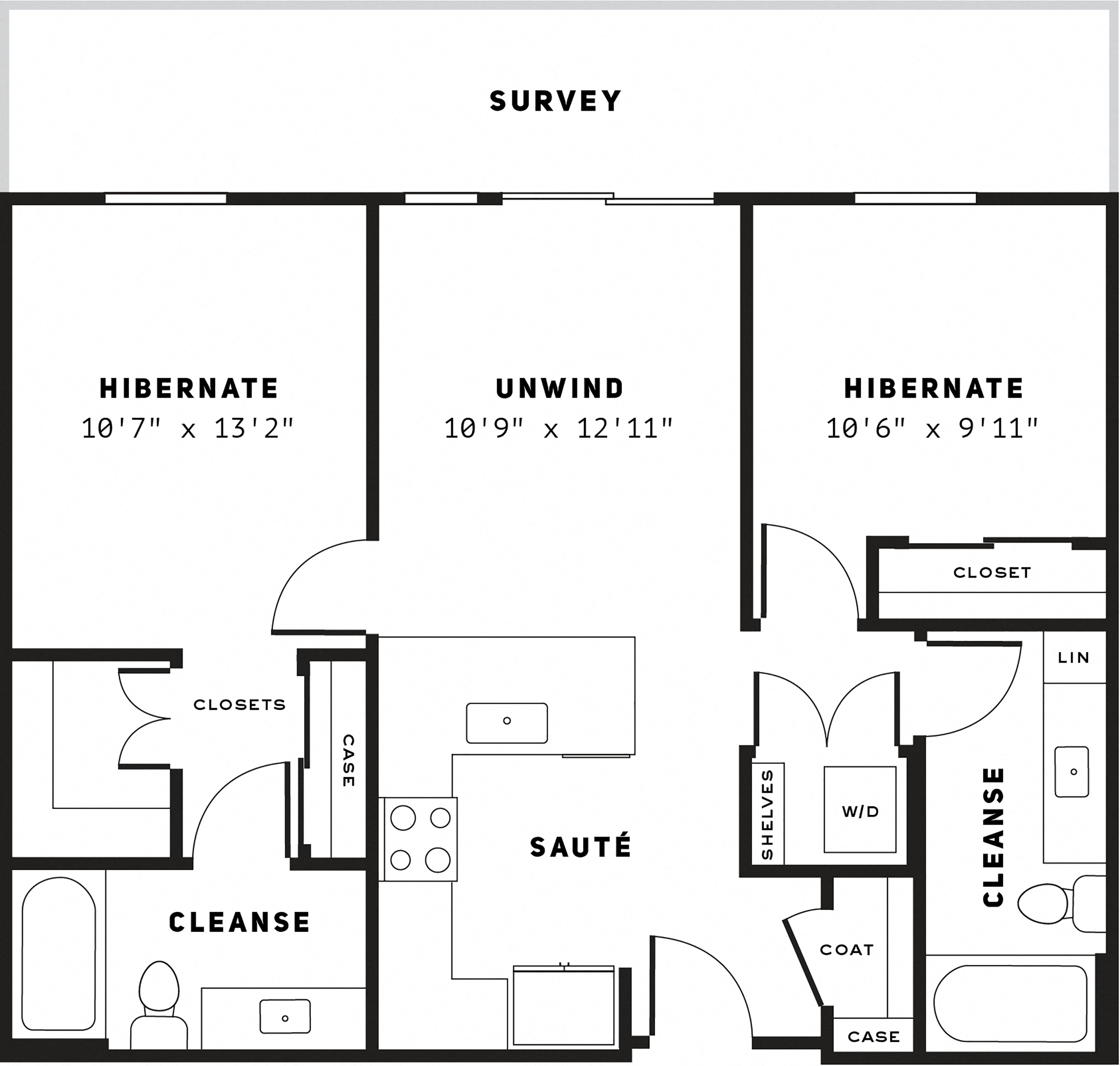 Floor plan for 2 beds, 2 baths, 874 sqft